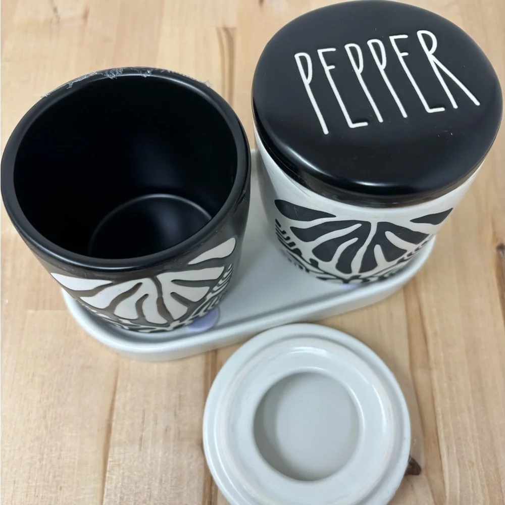 Rae Dunn SALT PEPPER Cellar Set Ceramic with Tops Black and White Art Decor New